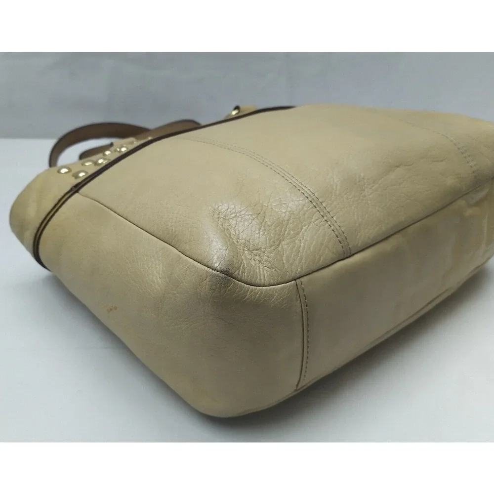 Coach Tan Leather Studded Double Handle Zipper Closure Tote Shoulder Bag